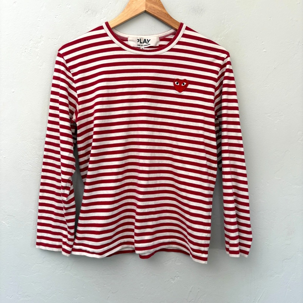 Comme des Garcons Play Striped Top Women Size Medium Red White Heart Flaw